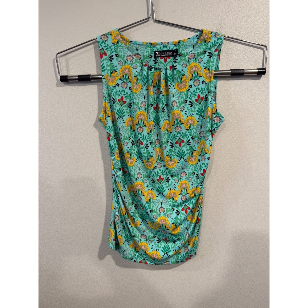 7th Avenue Blouse Women's‎ XS Teal Floral Print Ruched Sleeveless Round Neck Top